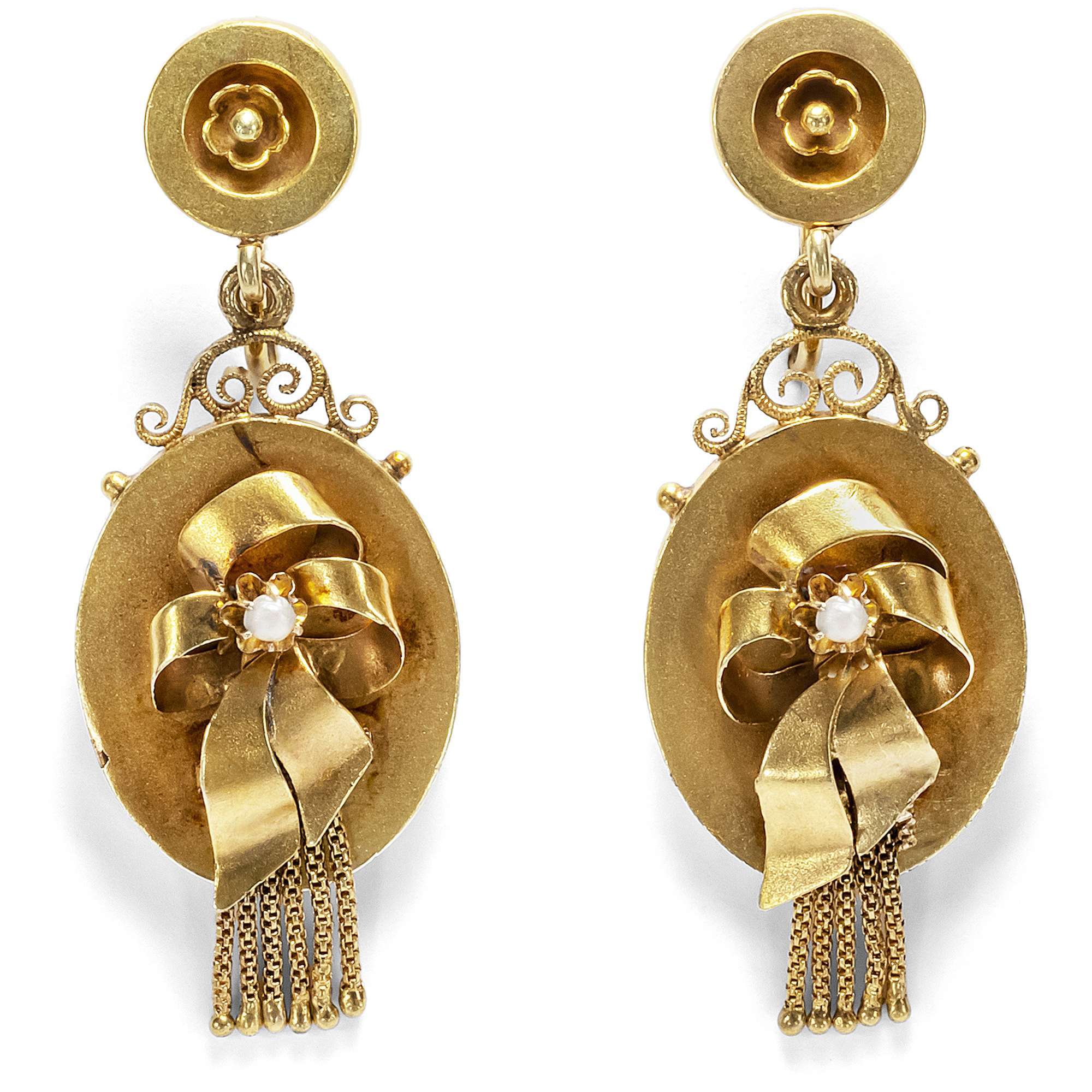 619261-hofer-antikschmuck-Antikes-Paar-Ohrhaenger-des-Realismus-in-Gold-und-Perlen-um-1870-Realistische-Schleifen