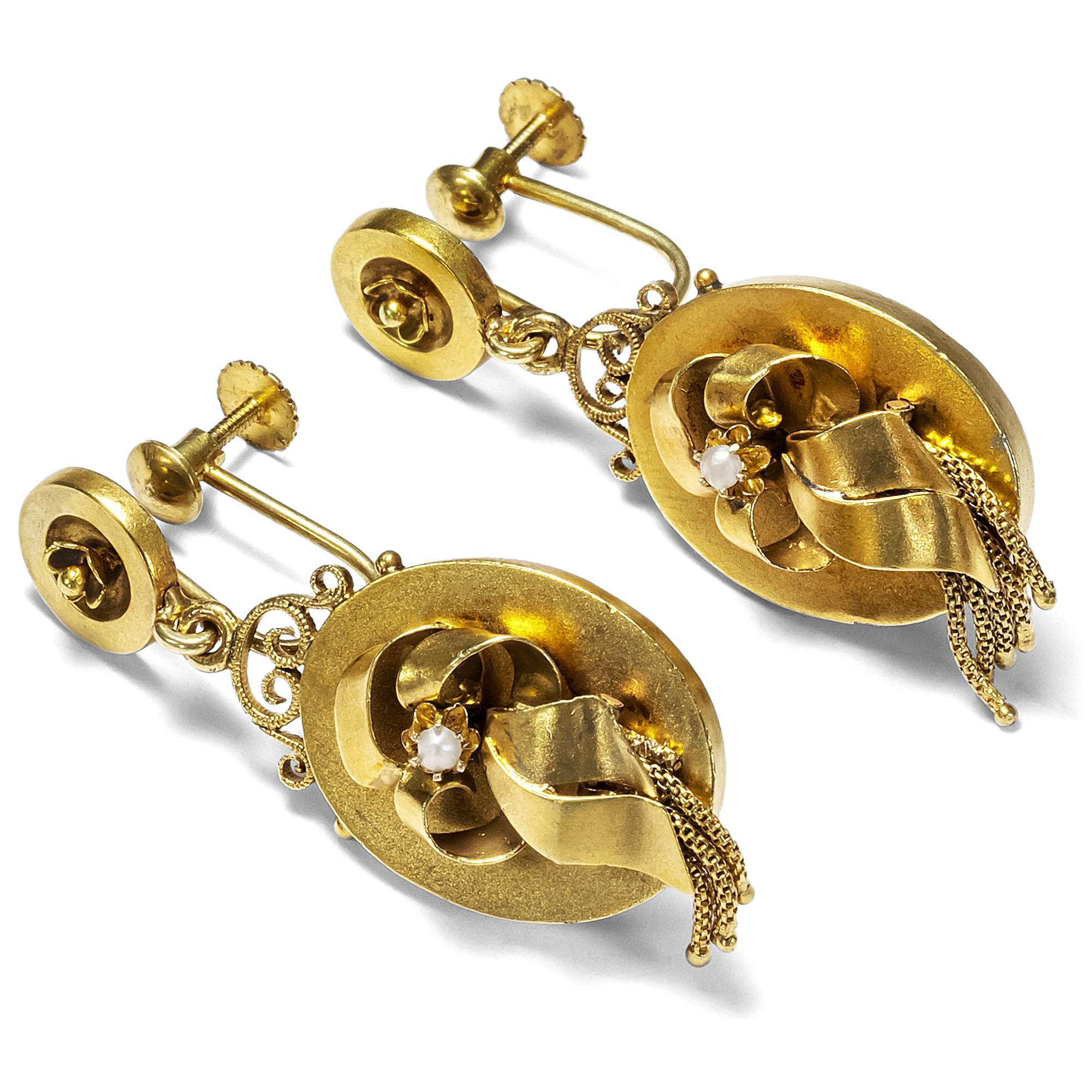 619261-hofer-antikschmuck-Antikes-Paar-Ohrhaenger-des-Realismus-in-Gold-und-Perlen-um-1870-Realistische-Schleifen_1