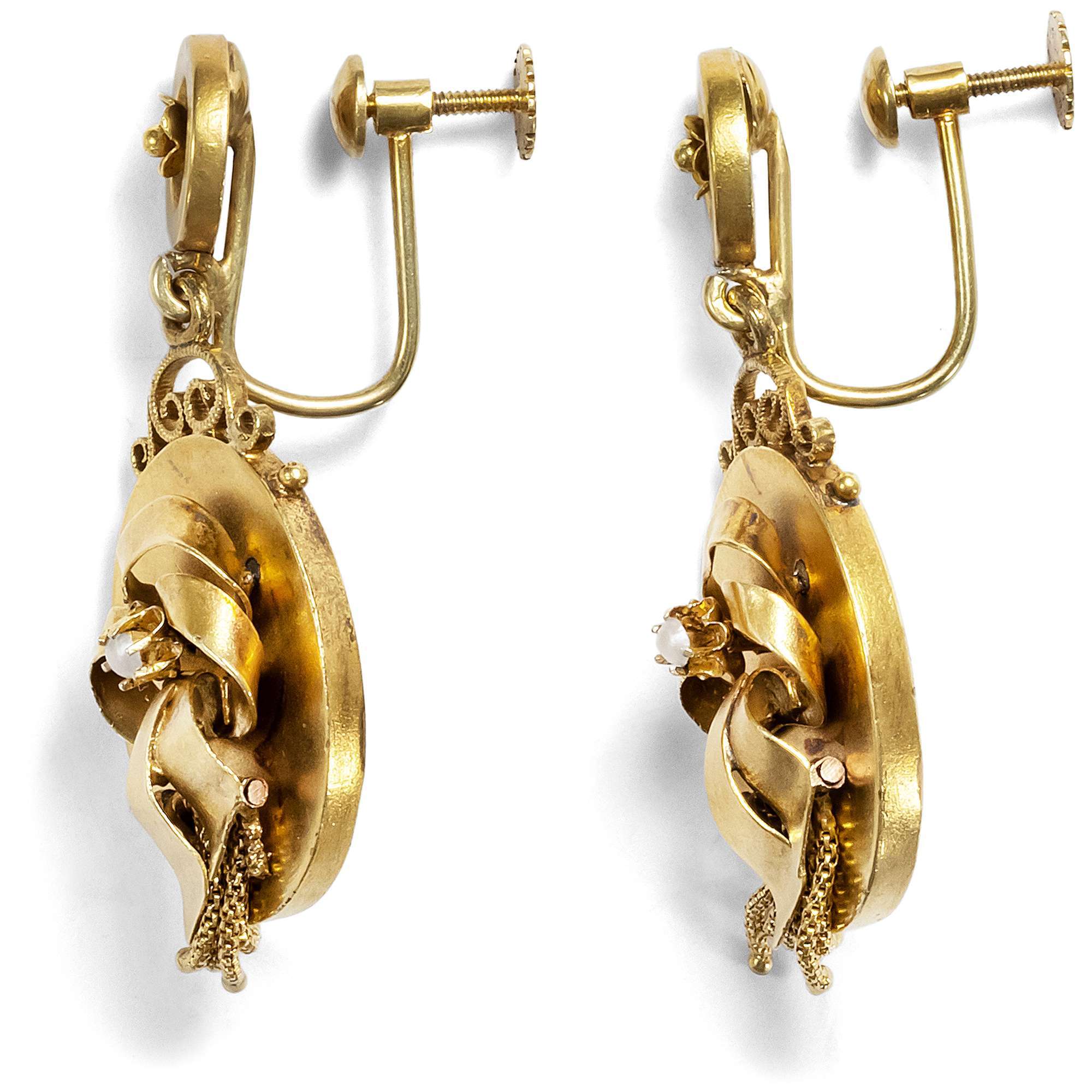 619261-hofer-antikschmuck-Antikes-Paar-Ohrhaenger-des-Realismus-in-Gold-und-Perlen-um-1870-Realistische-Schleifen_2