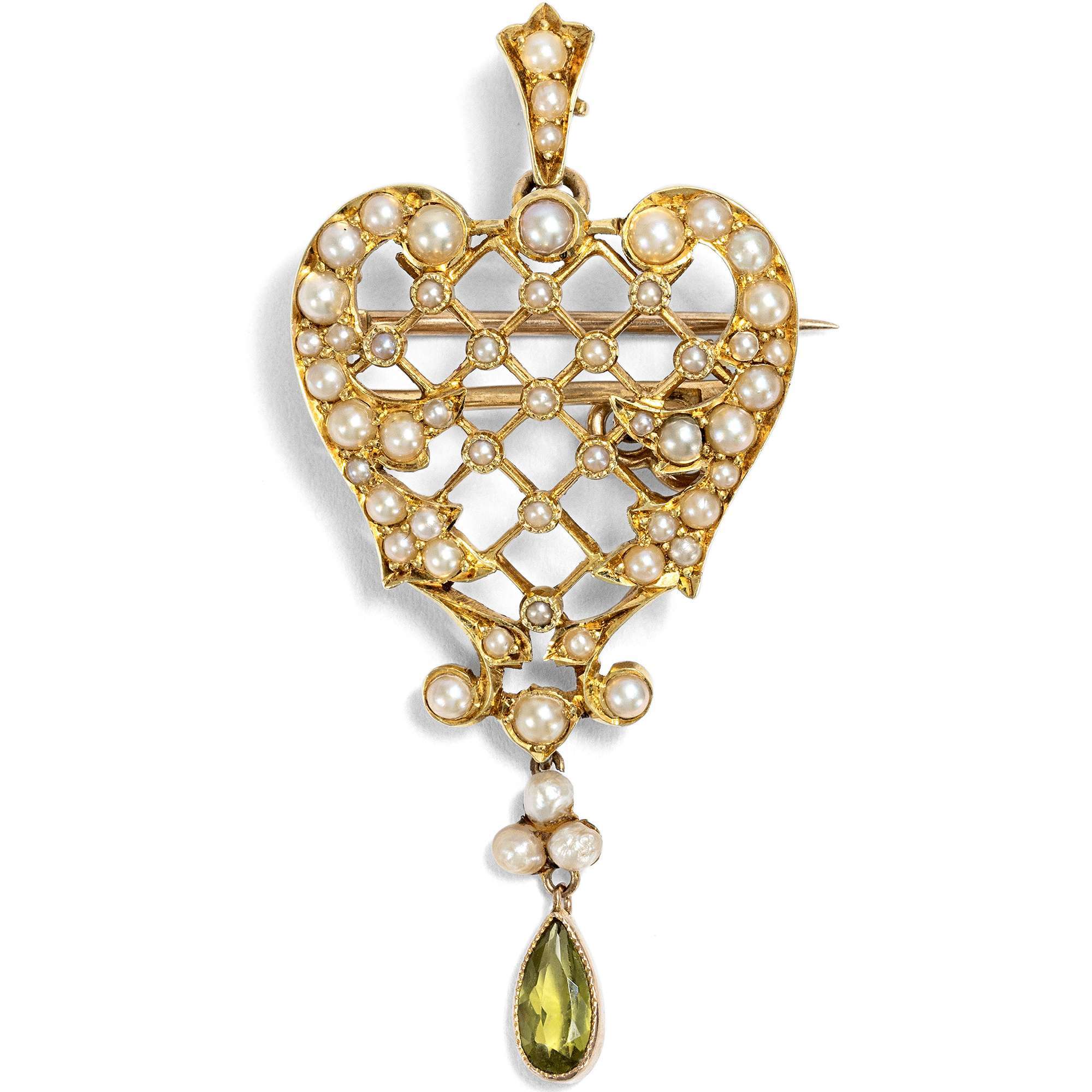 622703-hofer-antikschmuck-Antike-Anhaenger-Brosche-mit-Peridoten-und-Perlen-in-Gold-Grossbritannien-um-1900-Doppelt-haelt-besser
