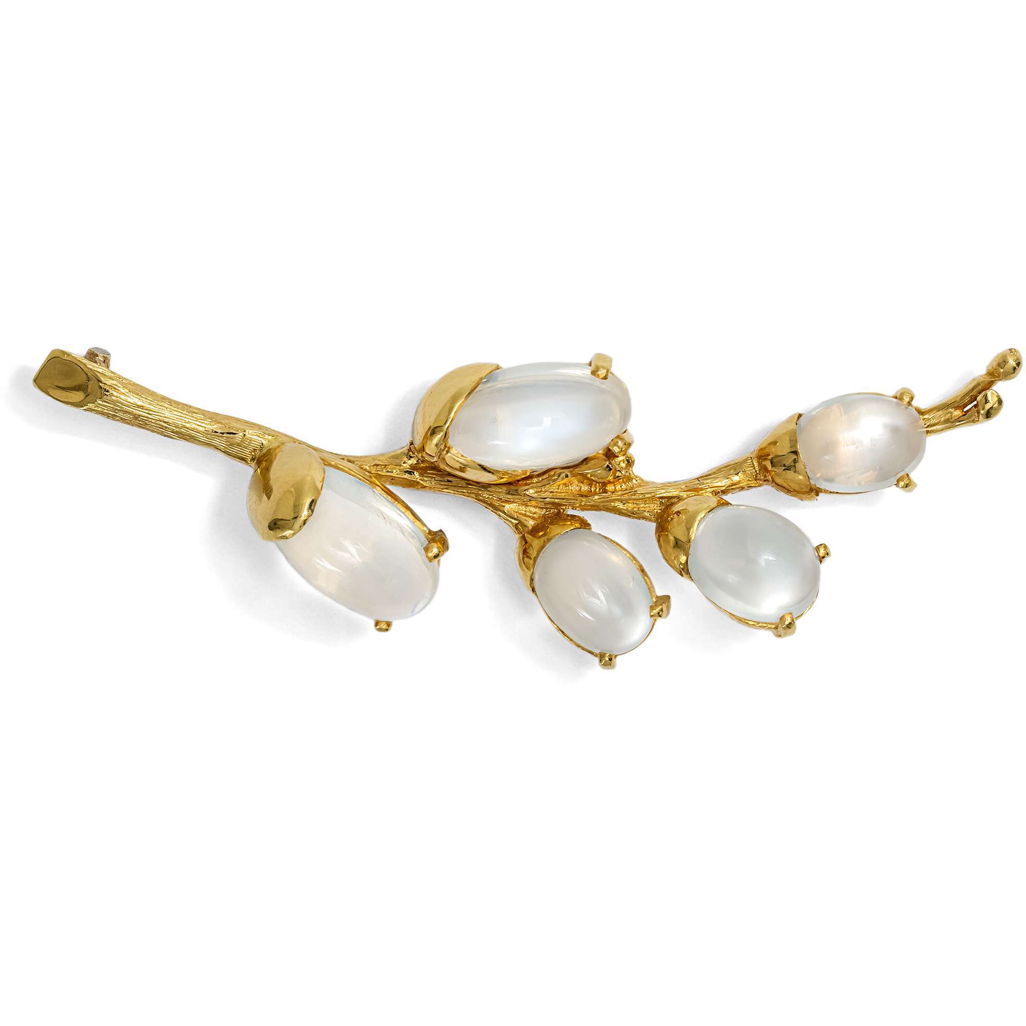 626549-hofer-antikschmuck-Handgeschmiedete-Brosche-aus-Gold-mit-Mondsteinen-Deutschland-um-1965-Weidenkaetzchen