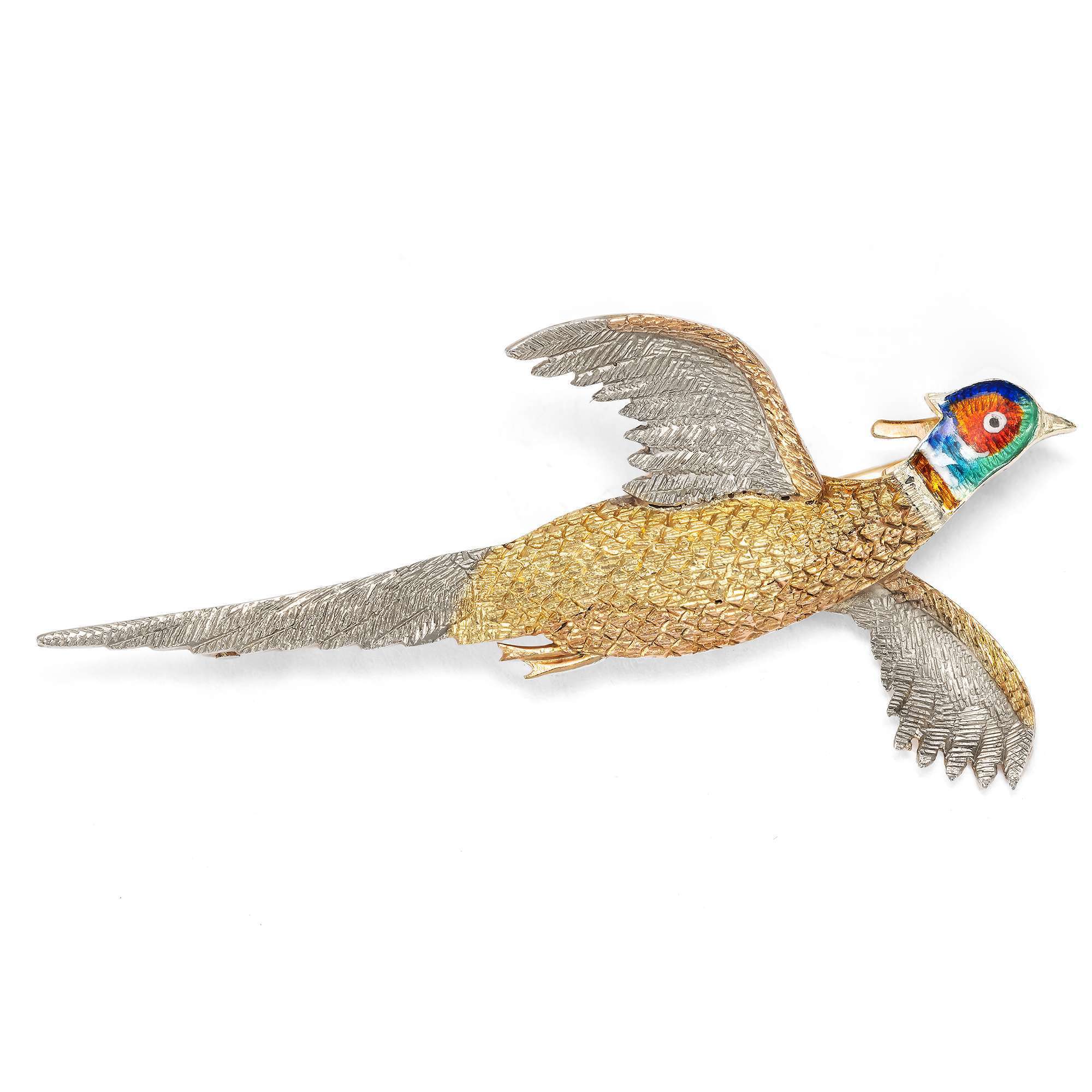 626695-hofer-antikschmuck-Witzige-Brosche-in-dreifarbigem-Gold-und-Emaille-England-1957-Lord-Goldfeather-hebt-ab