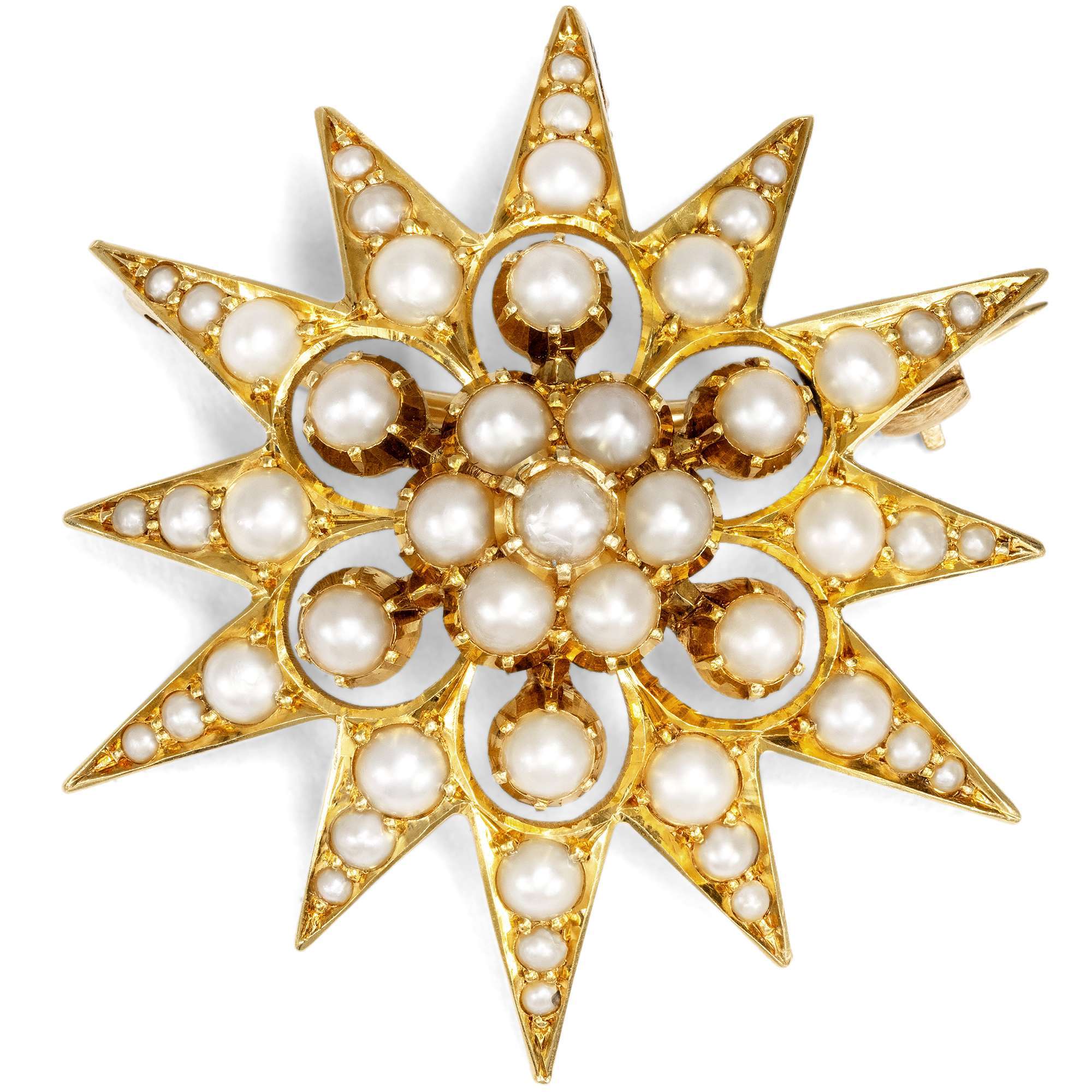 626796-hofer-antikschmuck-Stern-als-Brosche-aus-15ct-Gold-mit-Naturperlen-England-um-1890-Licht-in-dunkler-Nacht