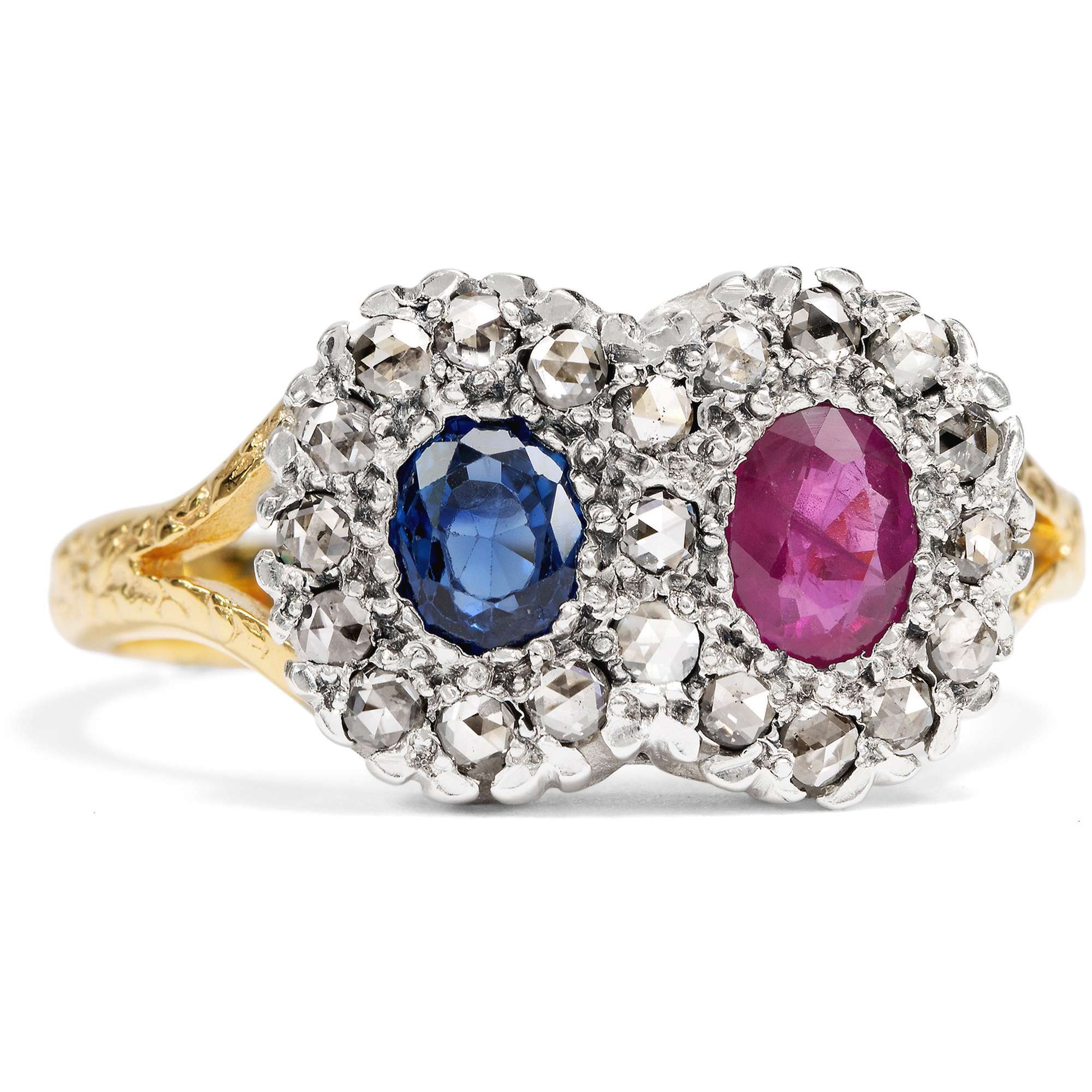 626971-hofer-antikschmuck-Nostalgischer-Ring-aus-Gold-und-Silber-mit-Saphir-Rubin-und-Diamanten-um-2000-In-ewiger-Verbindung