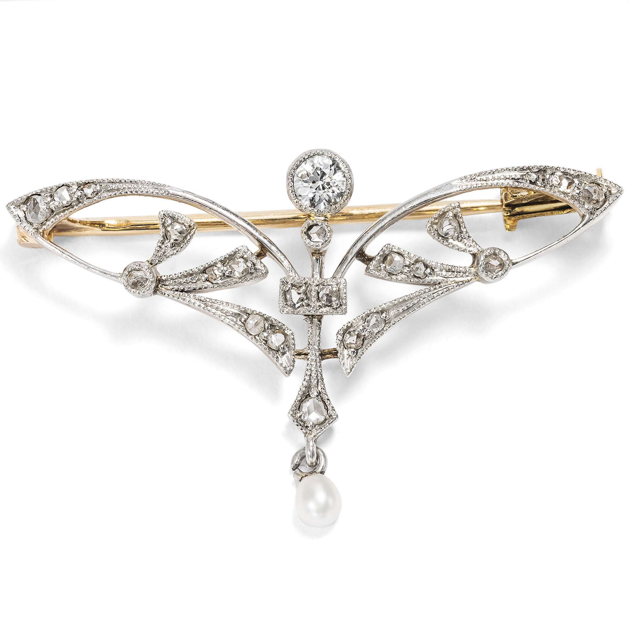 627125-hofer-antikschmuck-Elegante-Jugendstil-Brosche-mit-Diamanten-und-Perle-in-Platin-auf-Gold-um-1905-Kuehle-Eleganz